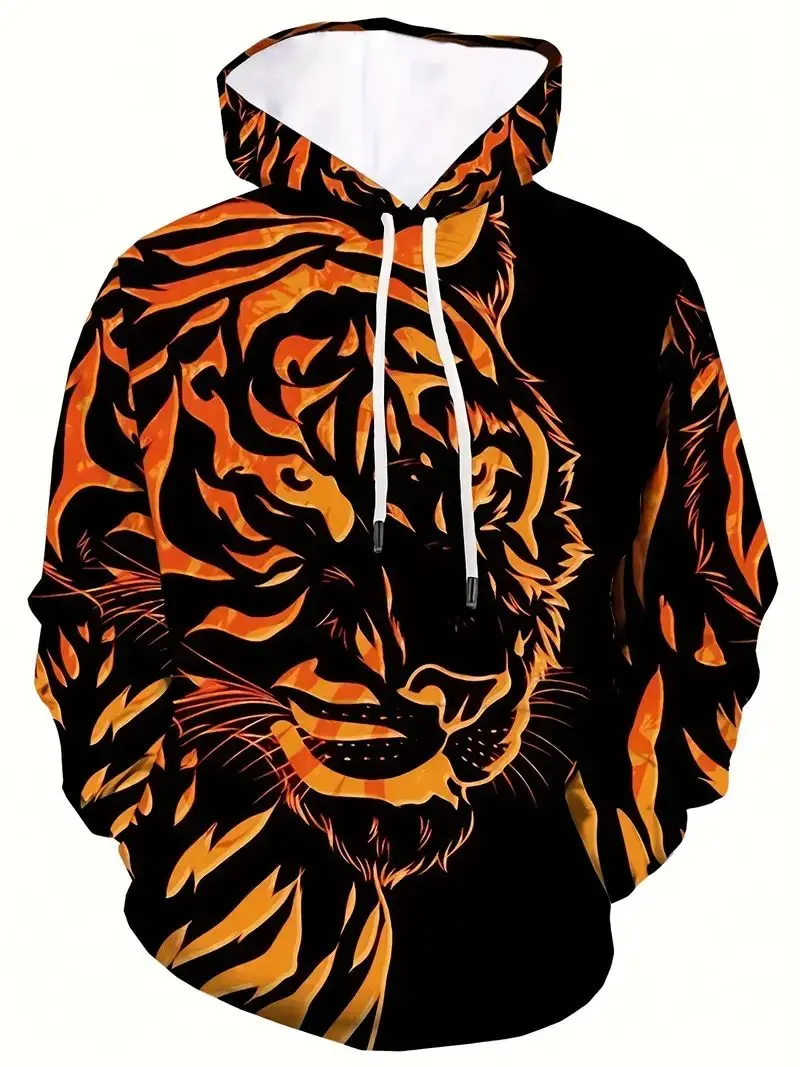 Men\'s 3D Tiger Graphic Hoodie, Active Slightly Stretch Breathable Hooded Sweatshirt For Outdoor 2023 Autumn and Spring Fashion