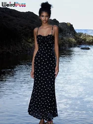 Weird Puss Summer Trend Slash Neck Dress Women Polka Dots Print Spaghetti Strap Skinny Elegant Clubwear Maxi Bodycon Vestidos