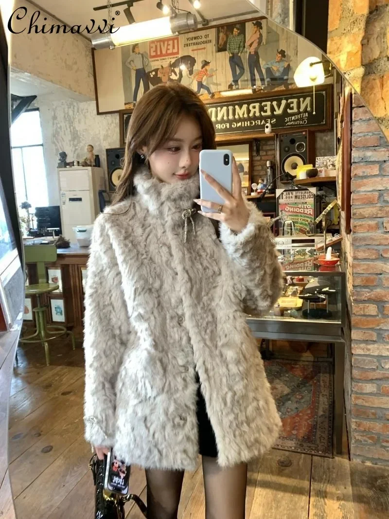 2024 Winter Age-reducing Bow Stand-up Collar Dyed Pointed Mink Environmentally Friendly Fur Medium and Long Wool Coat For Women