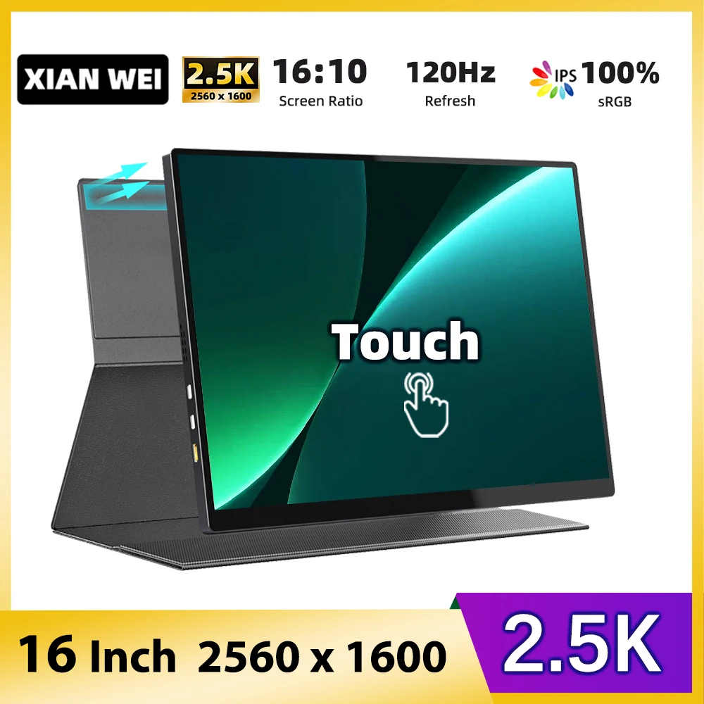 

Touch Screen 16" 2K Portable Monitor 120Hz 2560 x 1600 100%sRGB Travel Office Game Display For PC Switch Laptop Phone Xbox PS4/5