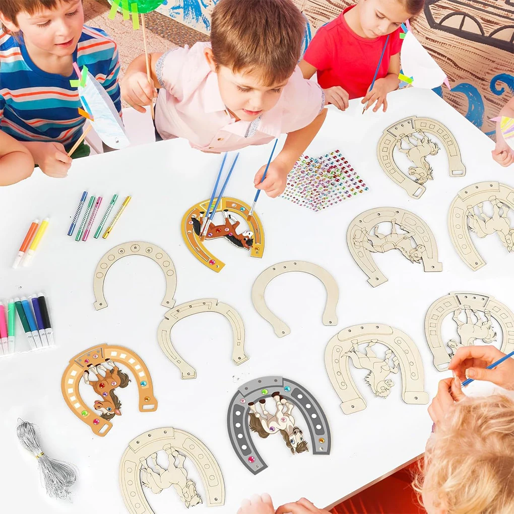 Kit de carrilhão de vento diy, carrilhão de vento de madeira, ferradura inacabado, conjunto de pingente para crianças, pintura