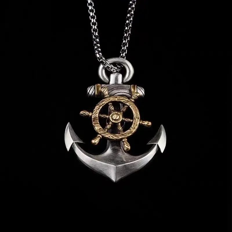 Retro Norse Mythology Pirate Ship Helm Anchor Pendant Necklace Men\'s Fashion Personality Rock Punk Jewelry