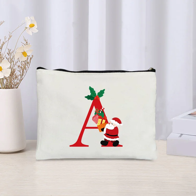 Christmas A-Z Initial Letter Makeup Bag Small Canvas Cosmetics Pouch Reusable Holiday Party Supplies Christma Decorations Indoor