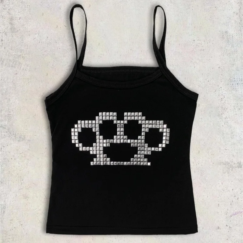 Camisola de moda europea y americana con remaches y pedrería, estilo urbano, para mujer, ajustada, sexy, top de camisola a la moda para chica picante.