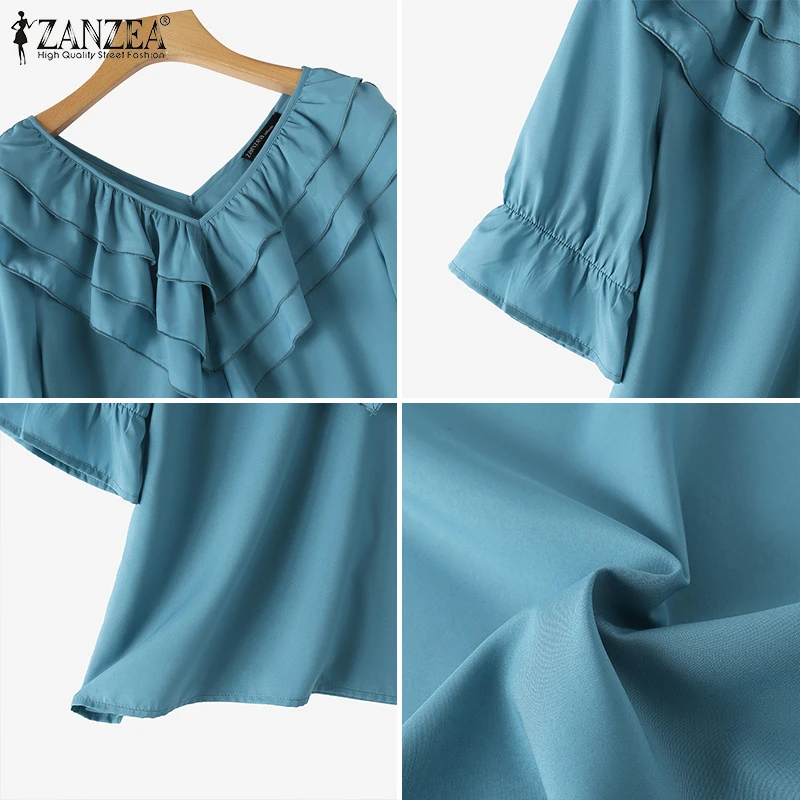ZANZEA 2026 été chemisier à volants femmes solide Vintage 3/4 manches col en v Chemise bureau chemises en mousseline de soie décontracté ample élégant hauts