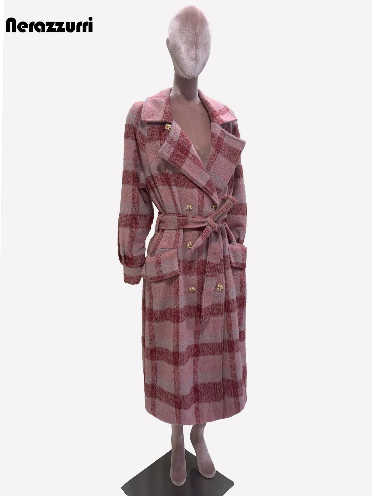 Nerazzurri Autumn Winter Long Oversized Colorful Thick Warm Soft Plaid Woolen Coat Women Double Breasted Wool & blends Overcoat