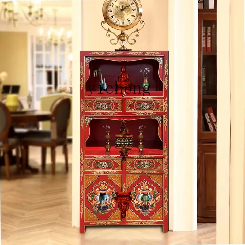 Chinese Solid Wood Two-layer Buddhist Cabinet Painted Offering Table Household Guanyin Offering Table God Of Wealthl6