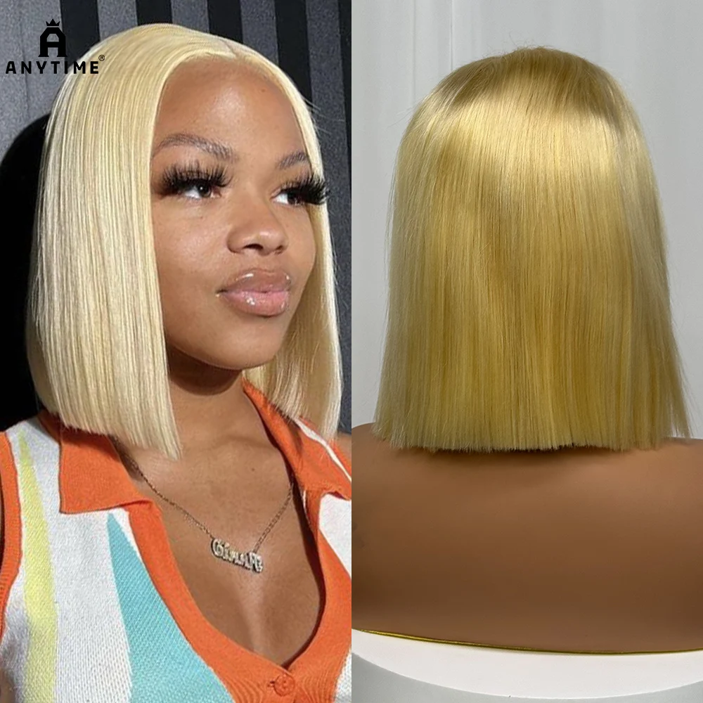 300 Density Double Drawn Blunt Cut Short Bob Bone Straight Human Hair Wig 13x4 Transparent Lace Frontal Wig Blonde 613 Color 10