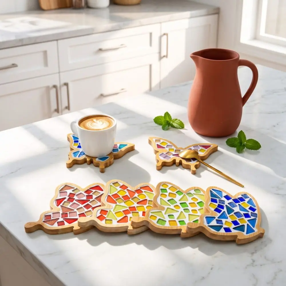 Mixed Color DIY Mosaic Coaster Glass Mosaic Butterfly Shape Coaster Making Kit Non-Slip Thermal Insulation