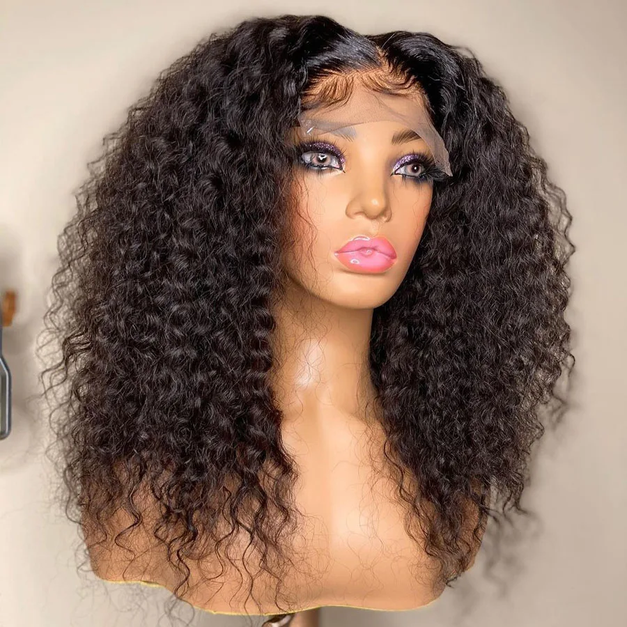 Soft Natural Black Glueless Long Kinky Curly 180Density 26inch Deep Lace Front Wig For Women With Baby Hair Preplucked Daily