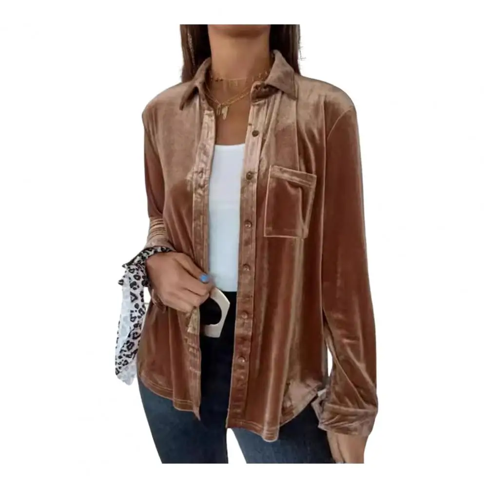 

Однотонная женская блузка, элегантная женская блузка с отложным воротником и длинным рукавом, с накладным карманом, Однотонная рубашка, топы свободного кроя, одна