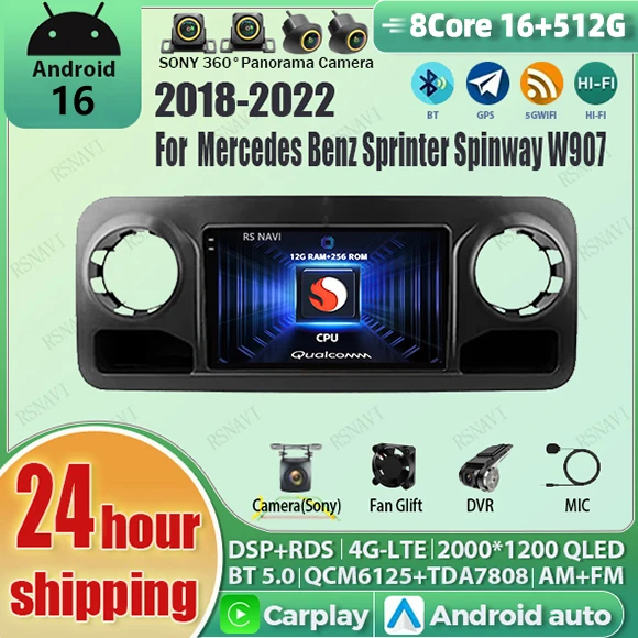 Android 16 Carplay Auto Qualcomm 2K Screen Car Radio Player For Mercedes Benz Sprinter Spinway W907 2018 - 2022 GPS Wifi 4G BT