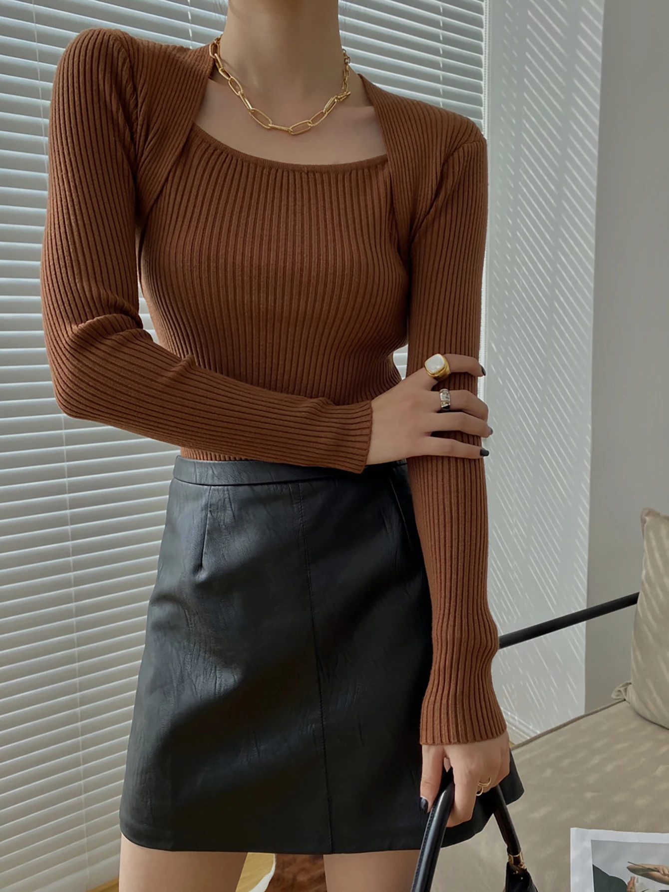 Women's Clothing Square-neck Bottoming Slim Sweater, Casual Long Sleeve Knit Sweater Fit Spring Fall