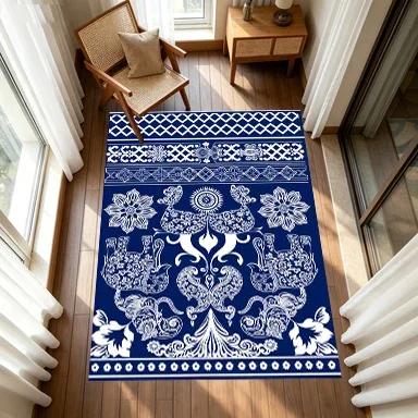 Blue and White Ethnic Elephant Floral Pattern Carpet Bohemian Style Non-Slip Floor Rug Suitable for Living Room and Bedroom