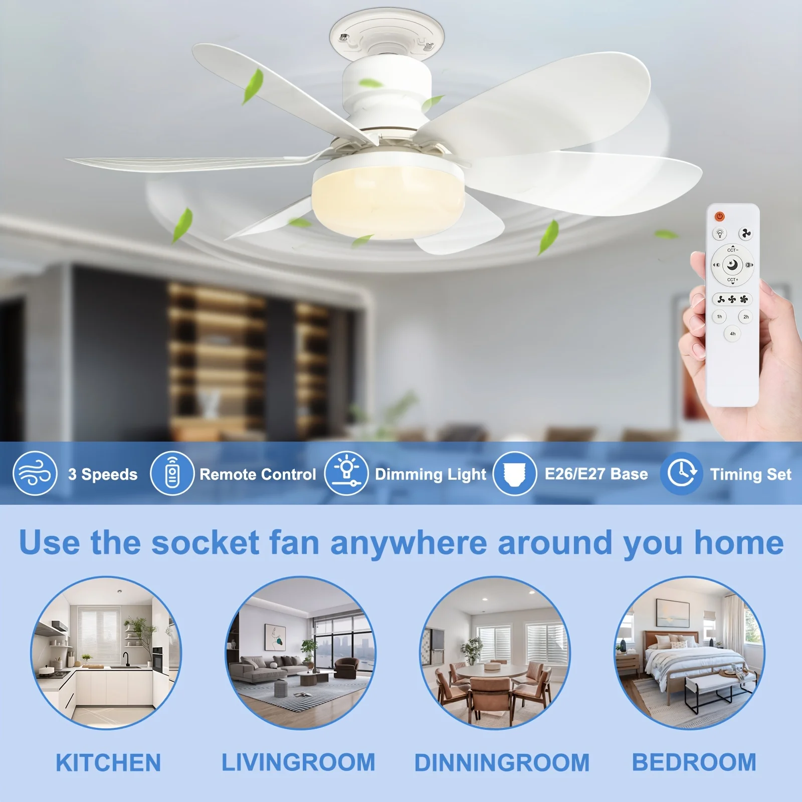 40W Socket Fan Light, 20.5" Screw Ceiling Fan with lamp and Remote, E27 Electric Fan with LED for Bedroom, Kitchen image 5