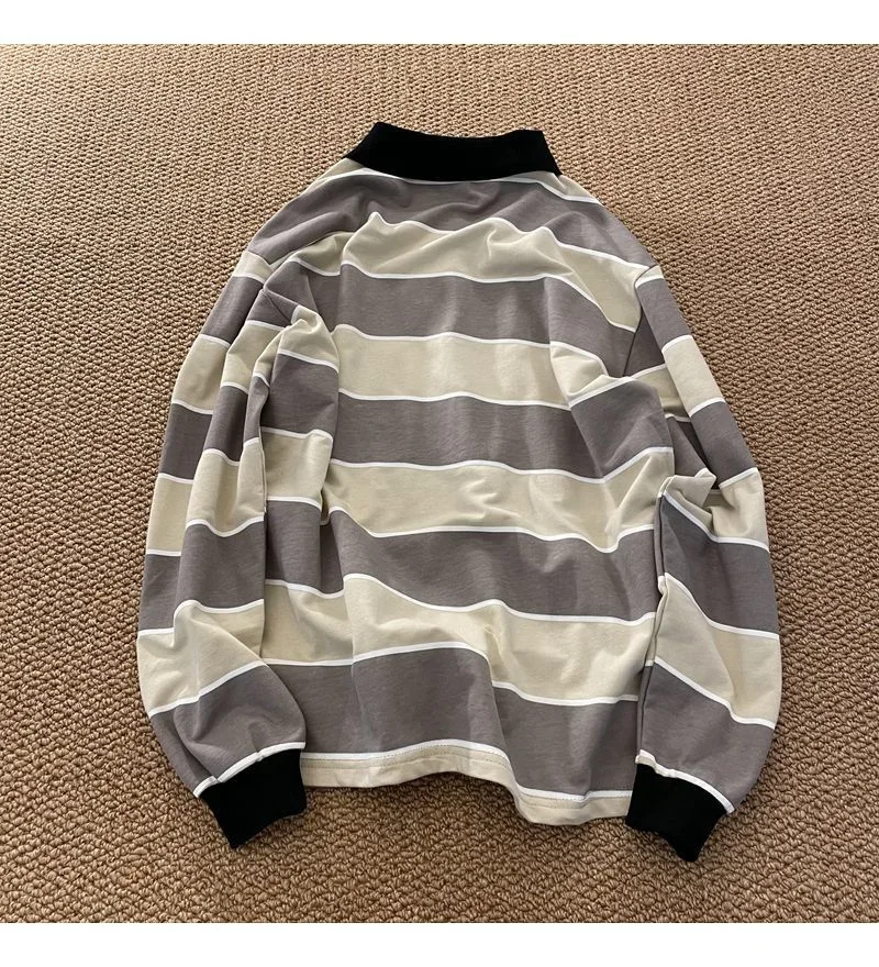 Women polo Retro Striped t shirt Autumn Harajuku Casual Long Sleeve Preppy T-Shirts Hip Hop Couple Oversized Sweatshirts Top