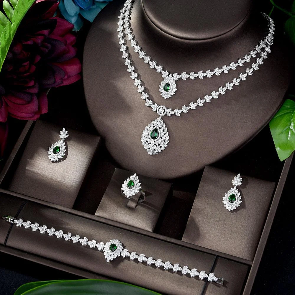 

2024 New Cubic zirconia Pearl Necklace Earrings Set of 4 Women's Wedding Party All Zircon Dubai Bridal Jewelry Set Gift