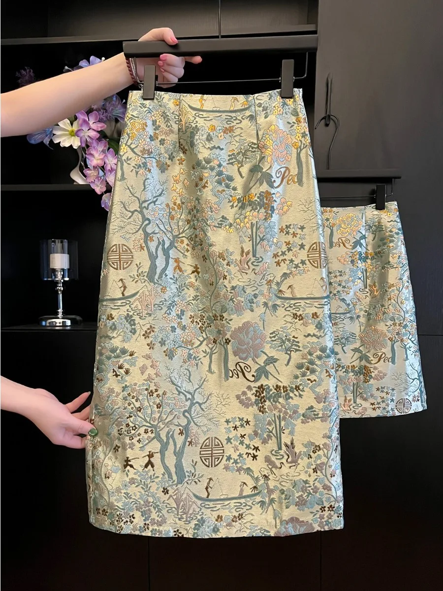 جديد الصينية Sle المطرزة الأزهار f تنورة المرأة أوائل الخريف الرجعية Faion با سبليت خطوة واحدة Bodycon ألف خط تنورة #1