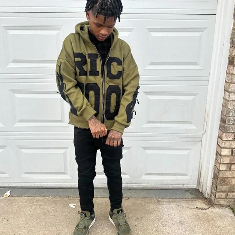 2025 new Y2k American color letter embroidery zipper hoodie Men's fashionable high street knitted sweatshirt Retro casual