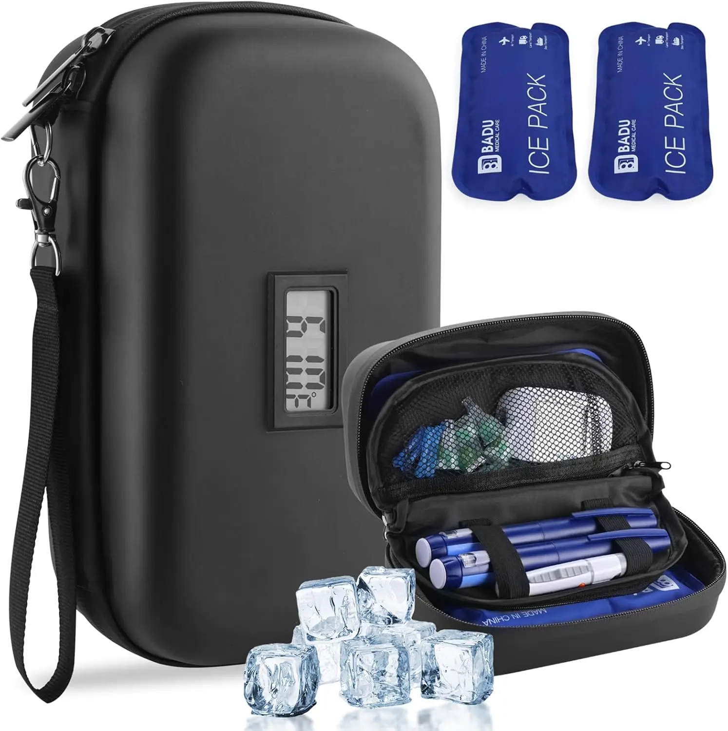 

Insulin Cooler Travel Case TSA Approved with Temp Display & 2 Ice Packs, Black