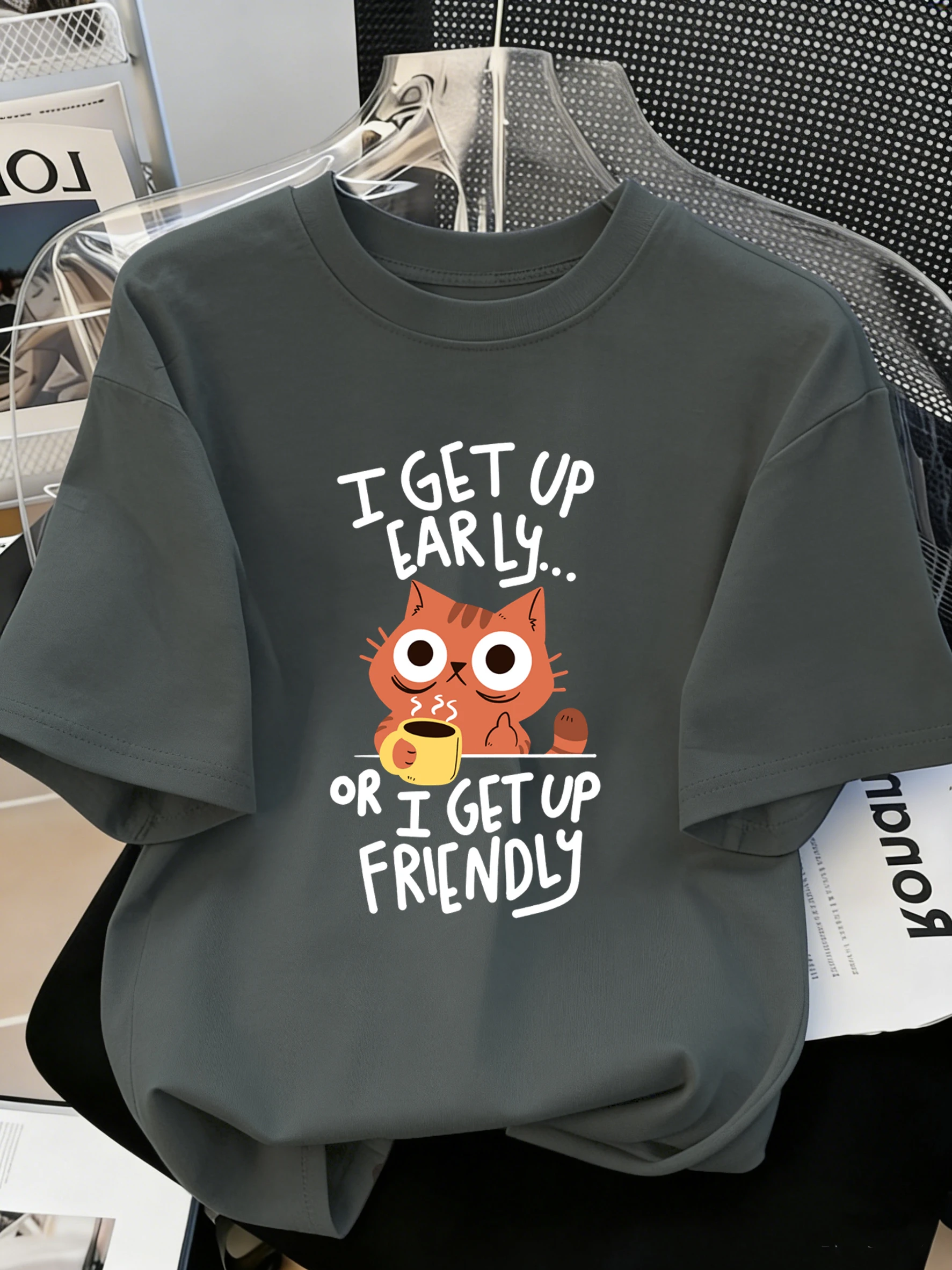I Get Up Are Lazy Cute Cat Design Men Office T-Shirts Soft O-Neck Tee Shirt Cotton All-Match Short Sleeve Y2K Summer Clothing