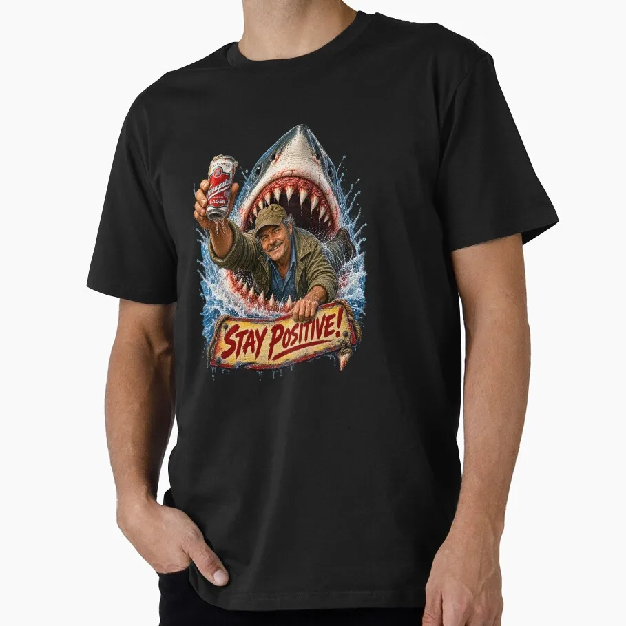 Stay Positive like Quint Jaws Horror Movie T Shirt Retro Amity Island Great White Shark print Graphic Tops Short Sleeve Tee