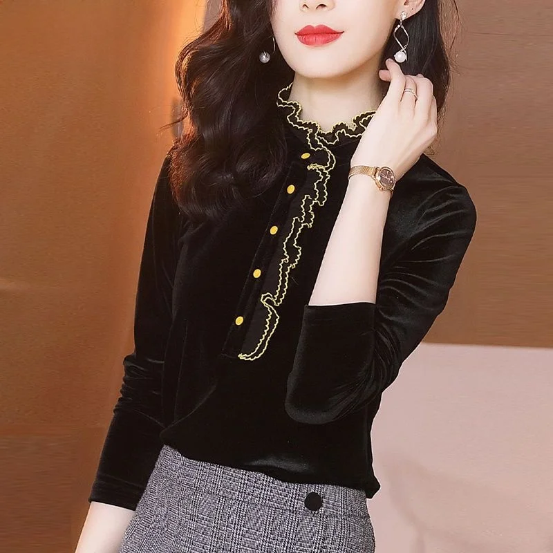 plus Size Women's Fleece Lined Velvet Long Sleeve Top Autumn Winter Casual Style Button up Stand Collar Base Shirt Wood Grain...