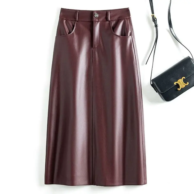 

Commute elegant pu leather half skirt women autumn mid to long A-line wrapped hip high waist slimming split half skirt