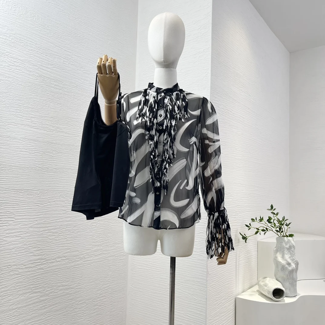 

New Arrivals High Quality Silk Black White Hand Painting Long Sleeve Tassel Women Blouse Tops