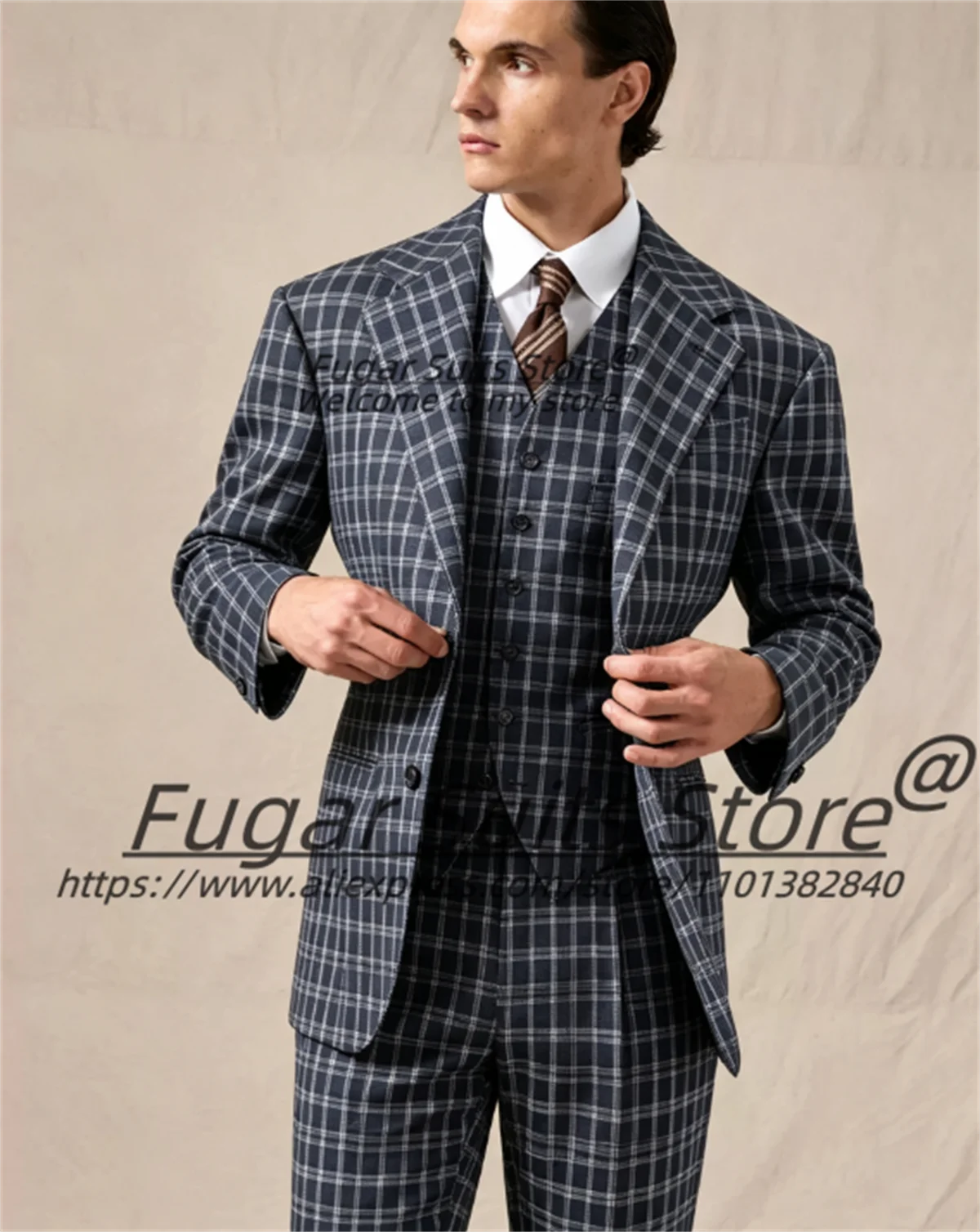 High-qublity Plaid Men Suits Customized Slim Fit Notched Lapel Groom Wedding Tuxedos 3Pieces Sets Male Party Blazers Roap Hombre