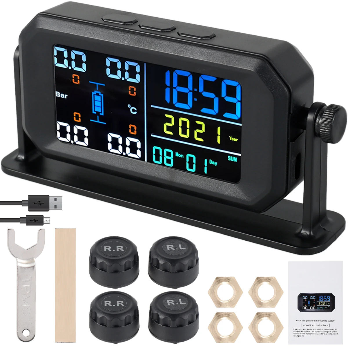 Tire Pressure Monitoring System Solar & USB Powered Tire Pressure Monitor with LCD Screen/4 Sensors/Multiple Alarm Modes IPX7