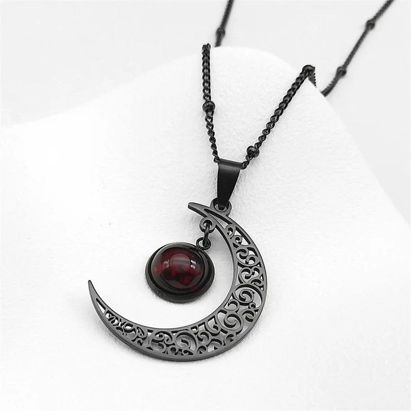 Moon Stainless Steel Women Necklace Black Color Necklace and Red Class Bead Necklace Chain Jewelry collier femme N6325S03