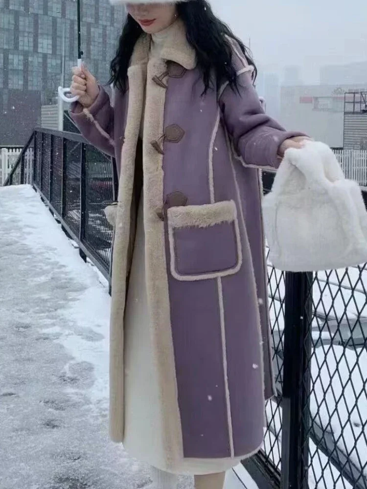 

2025 Autumn Winter Women's Simple and Chic Long Coat with Button Design Lamb Wool Collar, Versatile and Stylish for Casual Wear