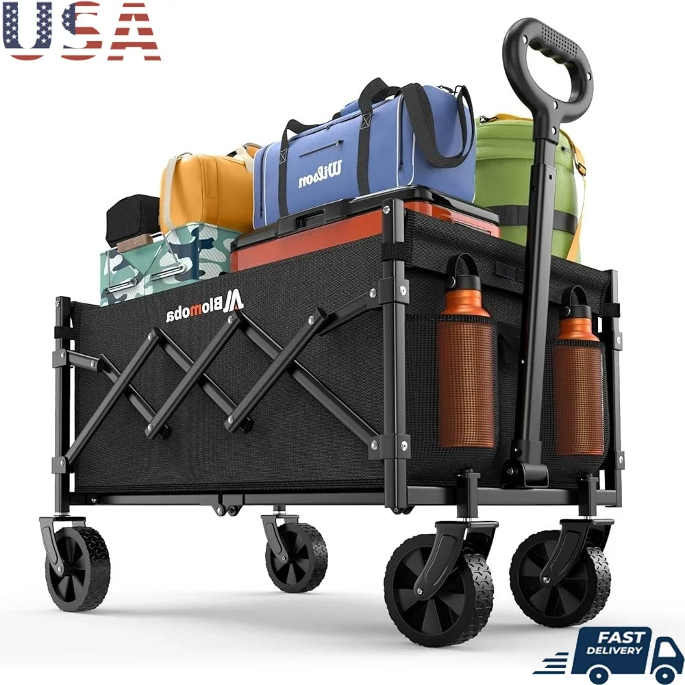 

Collapsible Utility Wagon Heavy Duty Folding Cart with 360 Degree Wheels Portable Beach Cart Adjustable Handle Heavy Load