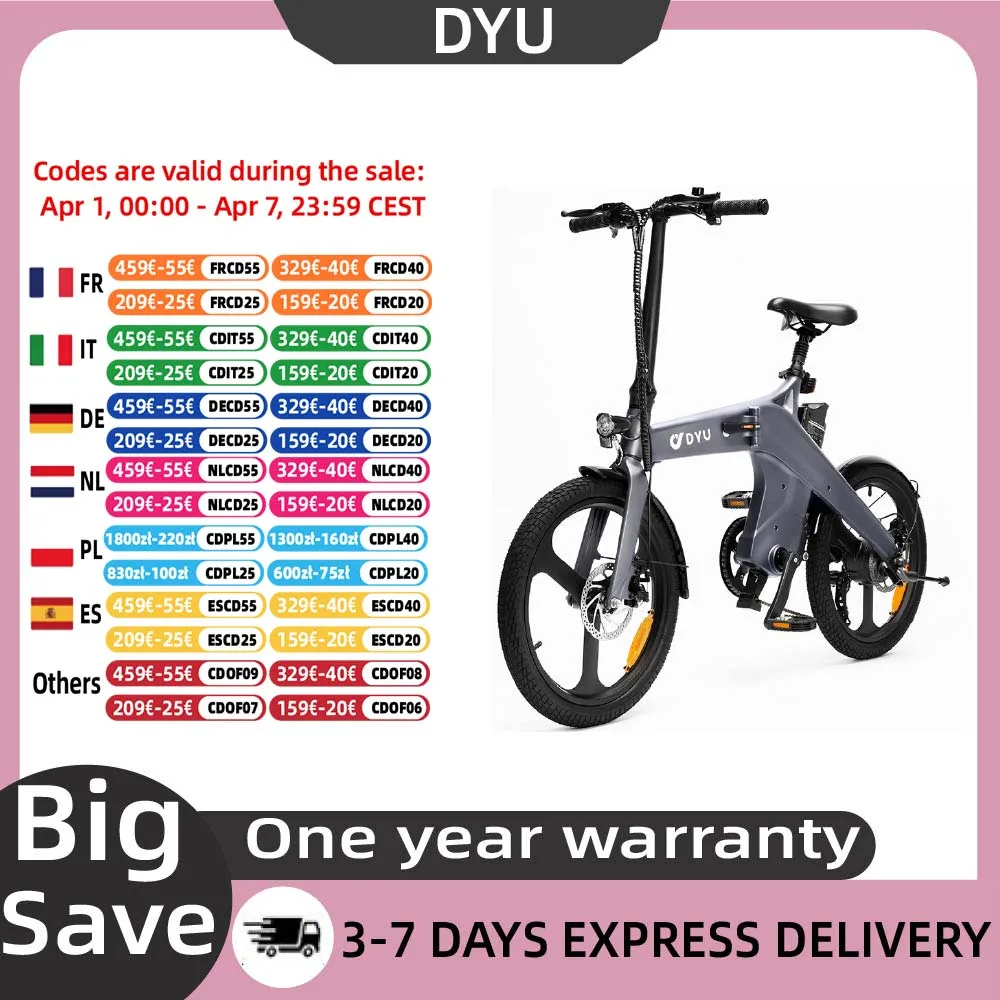 DYU T1 Elektrofahrrad 250W Bürstenloser Motor 36V 10AH Lithium-Batterie Magnesiumlegierung Rahmen Erwachsenen-Klapp-E-Bike mit 20-Zoll-Reifen