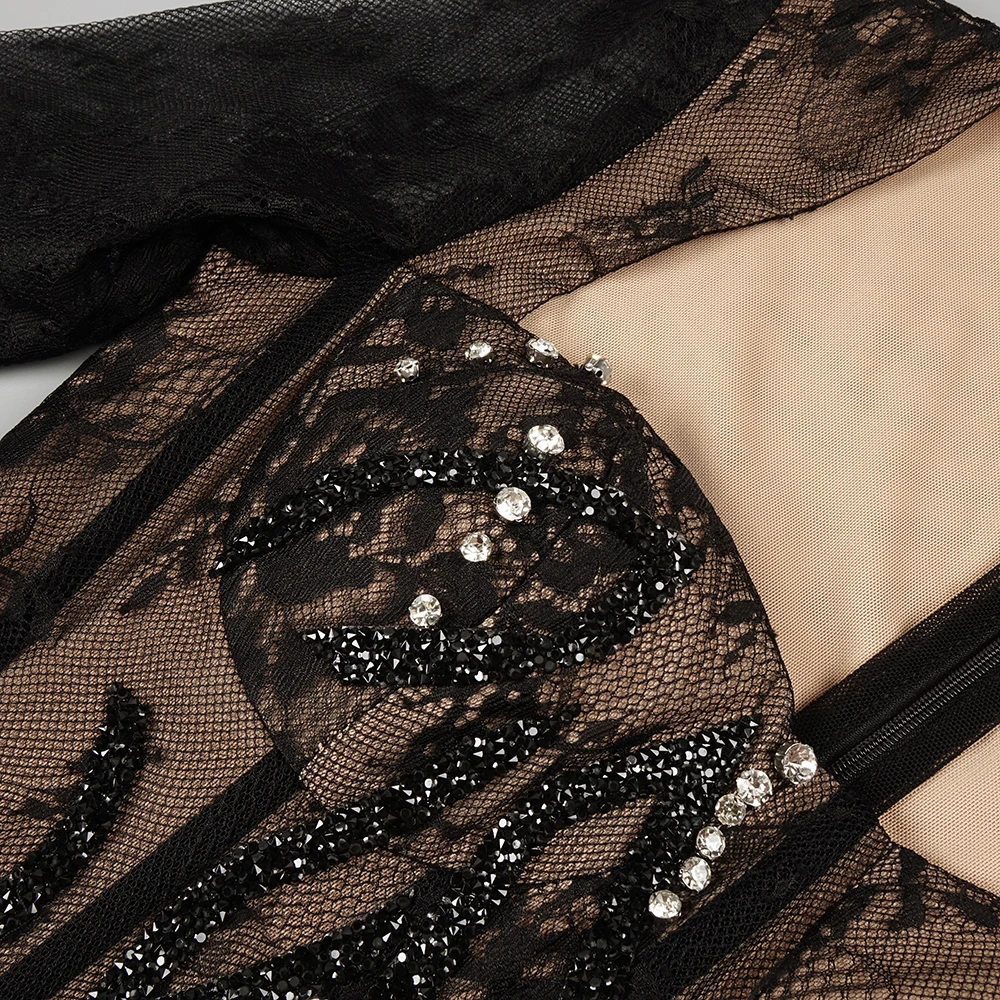 VC élégant Sexy noir paillettes perle dentelle-transparent manches longues robe sirène pour événement formel robe de dîner