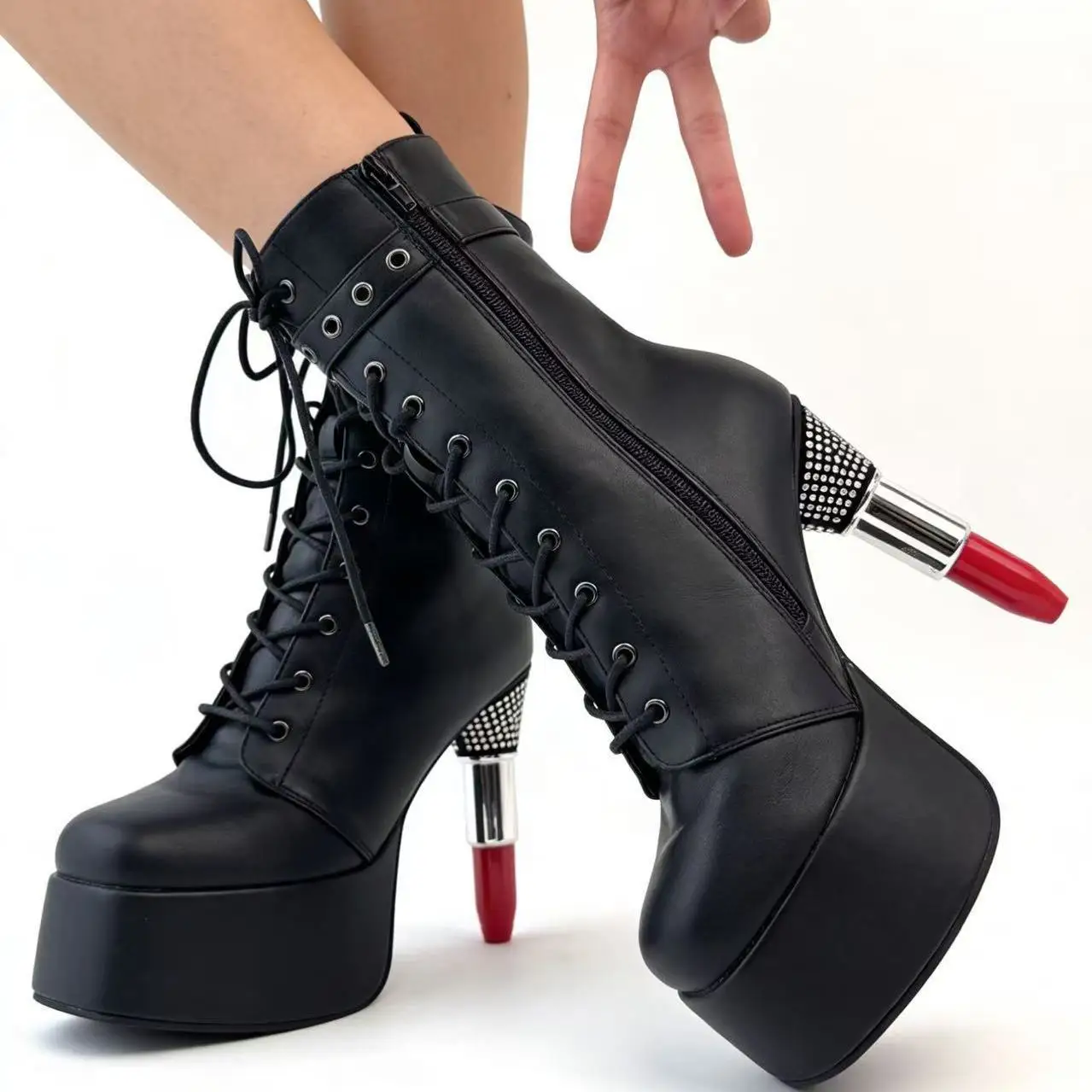 Platform Boots Black Lipstick Heel Mid Calf Boots Rhinestone Buckle Waterproof High Heel Side Zip Gothic Punk Party Streetwear