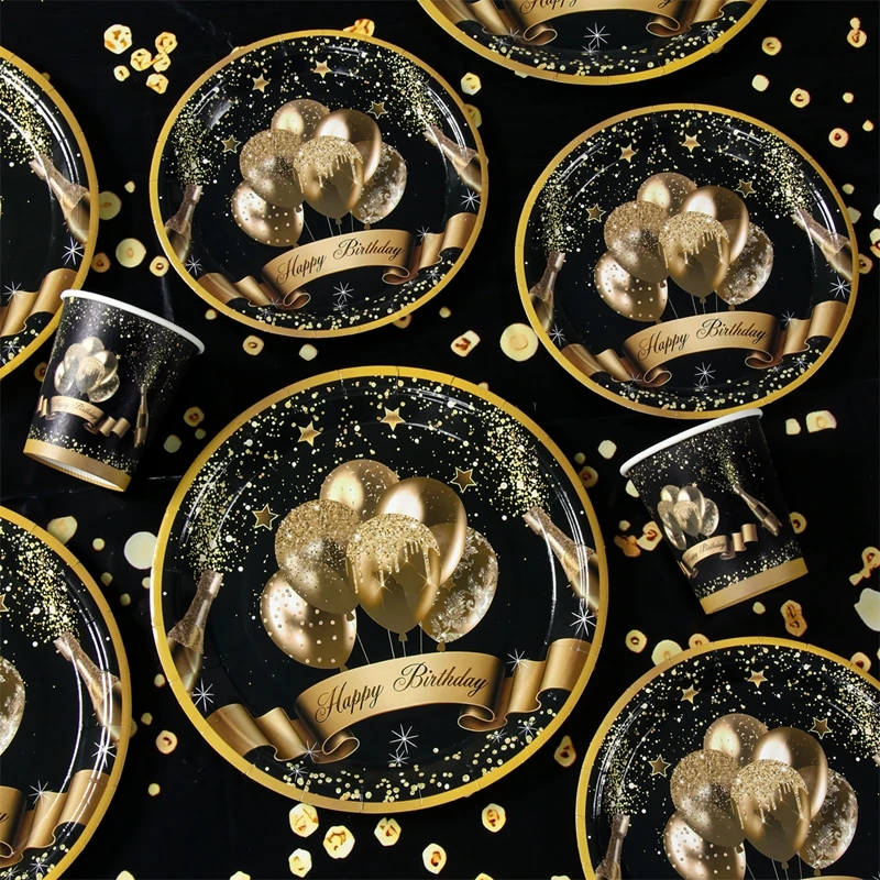 Black Gold Happy Birthday Disposable Tableware Paper Plates Cups Napkins Tablecloth Kids Adults Happy Birthday Party Decoration