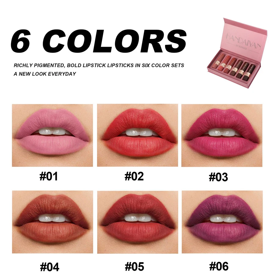 6Pcs Gift Box Velvet Matte Lipstick Kit Lips Makeup Nude Lip Stick Nonstick Cup Waterproof Lipstick Set Foggy Matte Lip Balm