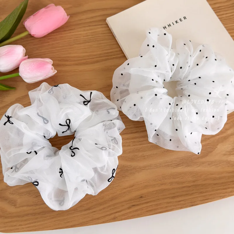 

Премиум-резинка для волос из кремовой марли с бархатным бантом в горошек, эластичная, для высоких причесок и хвостов, для женщин, нежная и элегантная, для повседневного использования