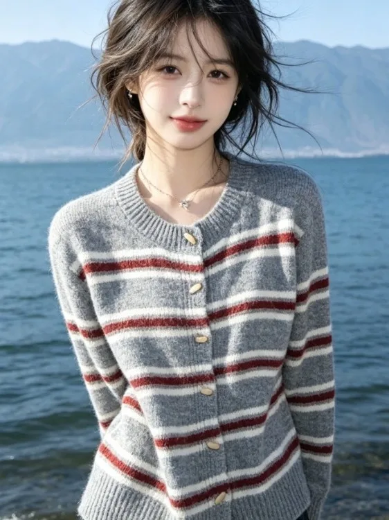 Women's Soft Striped Knitted Sweater Autumn 2026 Early Lazy Color Block Open Cardigan Trendy Top Coat Commute Style Long Sleeve