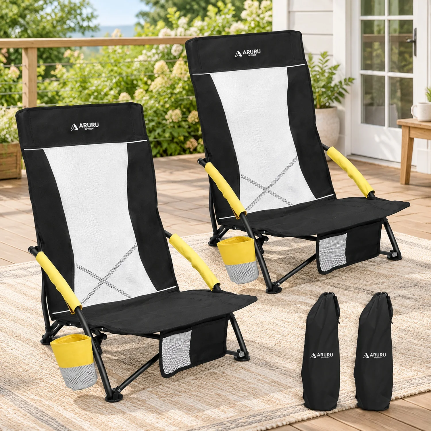 Low Beach Chairs for Adults 2 Pack High Back,Folding Portable Sling Camping with Cup Holder,Lightweight Foldable Lawn Outdoor