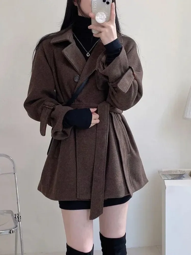 Korean Style Women's Mid-Length Woolen Coat Double-Breasted Turn-down Collar Belted Retro Windbreaker High-End Feeling Coat