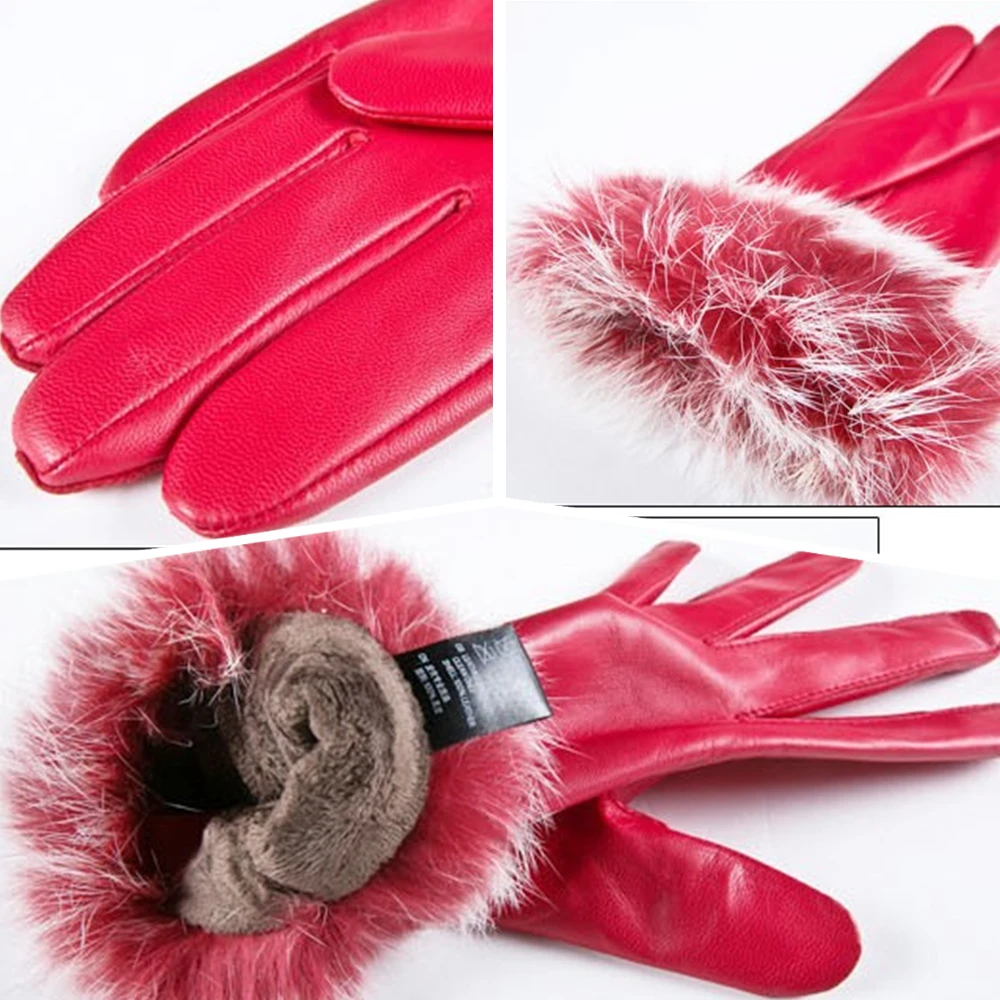 GOURS Winter Real Leather Gloves Women Brown Genuine Goatskin Gloves Fleece Lining Warm Soft Real Rex Rabbit Fur Driving GSL007