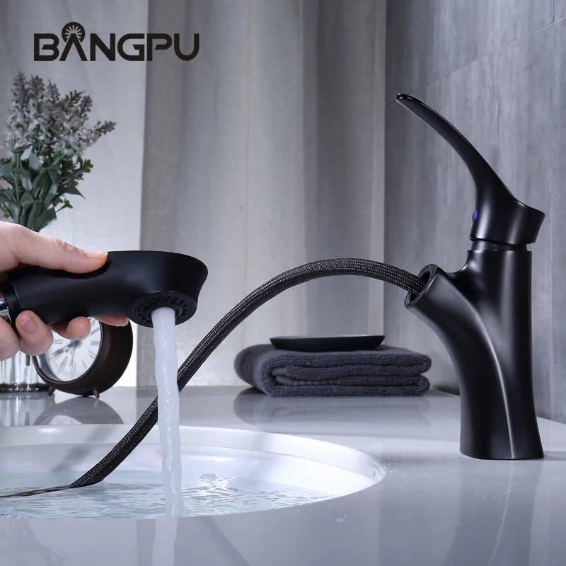 

Double Modes Pull Dwon Sink Faucet Deck Mount Single Hole bathroom Cold Hot Mixer Taps Modern One Handle Basin Sink Faucet Black