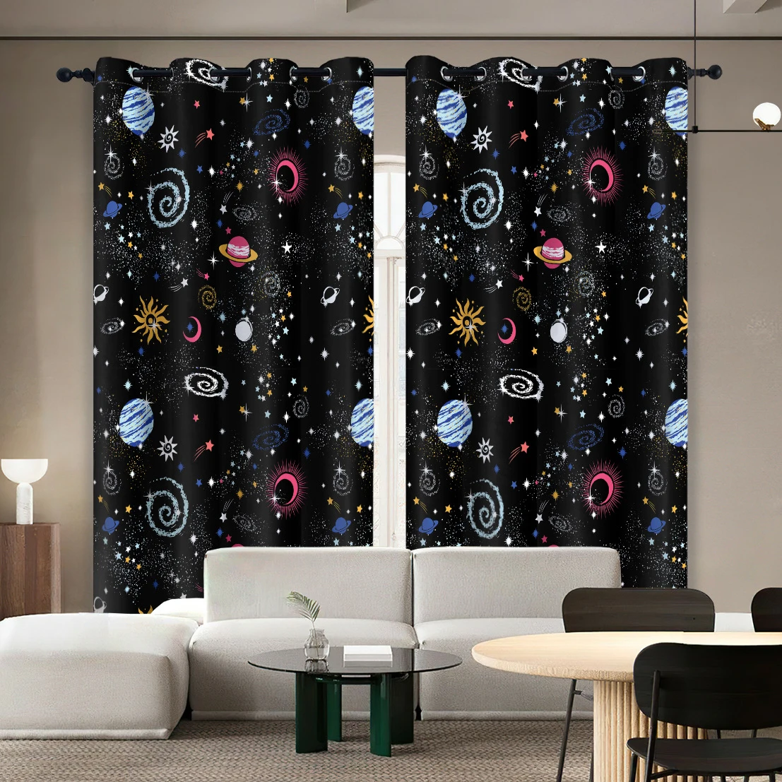 Cute Astronaut Window Curtains Spaceship Rocket Moon Eyelet Blackout Curtain Galaxy Star Outer Space Drapes for Kids Room Decor