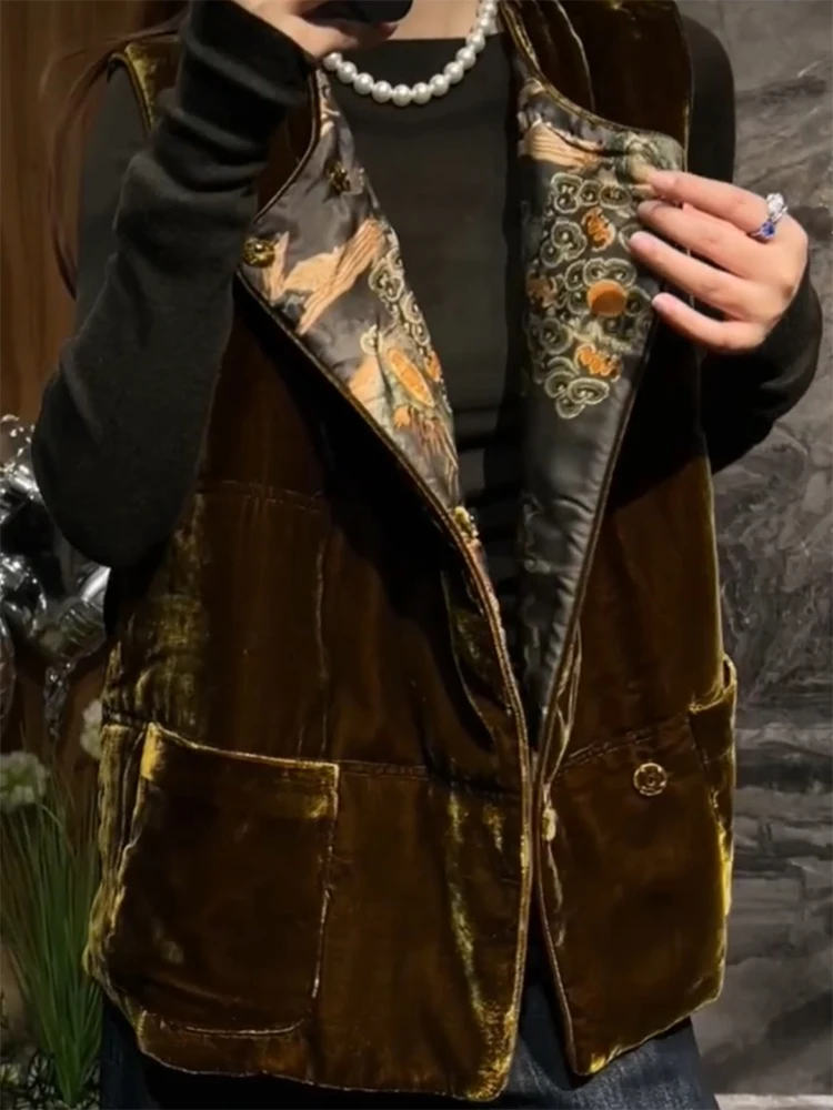 

New Chinese Sle Velvet Print Vest Commute Slimming Top Large Size Autumn Winter New Arrival Plant Floral Long Sve Blouse