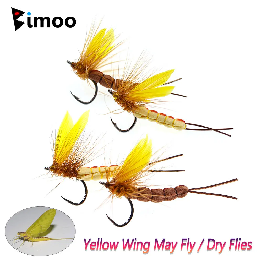 Bimoo 6PCS #8 #10 Yellow Drake Feather Wing Mayfly Barbed and Barbless Dry Fly Rocky River Bass Trout Fishing Flies Bait Lure