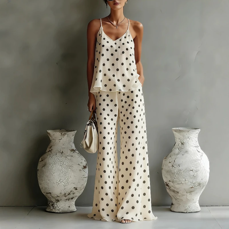 

New Women's Vacation Storm West Asia Chiffon Polka Point Sleeveless V-neck Strap Top Polka Point Wide Leg Pants Two Piece Set