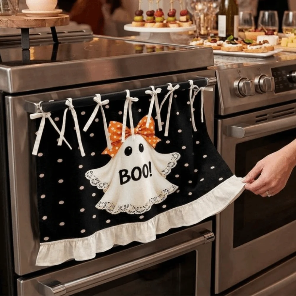 Seasonal Halloween Tie Oven Cover Curtain Pastoral Style Pumpkin Ghost Kitchen Stove Cover Skirt Handmade Farmhouse